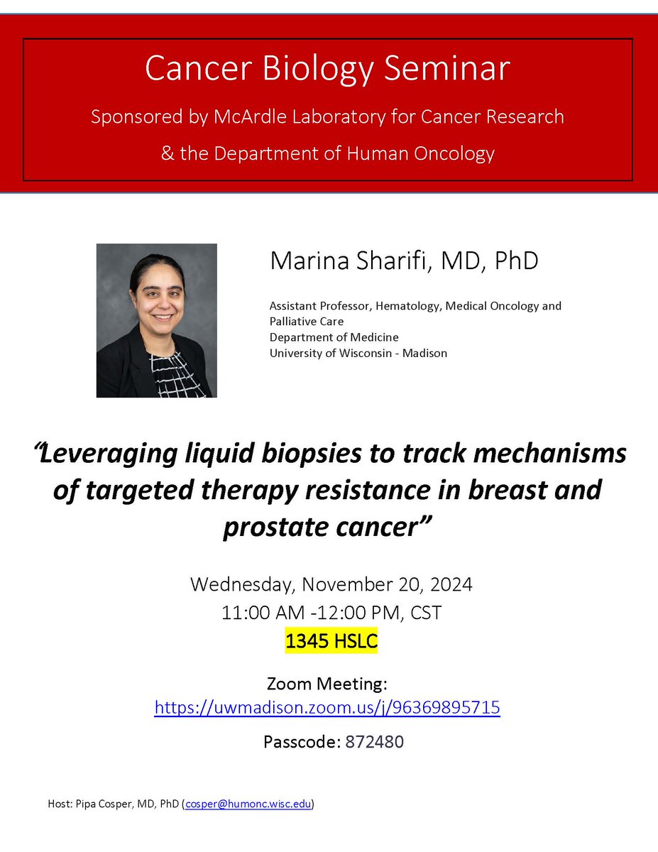 Tomorrow at 11 am CST: join in person or on Zoom for the latest #cancerbiologyseminar. Sponsored by  #mcardlelab and the Department of Human Oncology. uwmadison.zoom.us/j/96369895715
