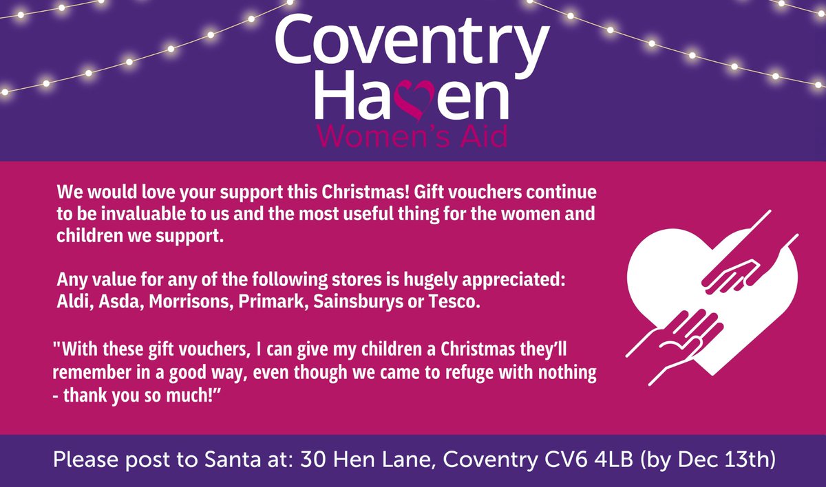 🎁From Crisis to Comfort: Give the Gift of Choice. This Christmas can you help with #GiftVouchers. 
📬 Please send gift vouchers to "Santa", 30 Hen Lane, Coventry, CV6 4LB by 13th December 2024.
#CoventryHaven #Coventry #GiftVouchers #GiveTheGiftOfChoice #FromCrisisToComfort