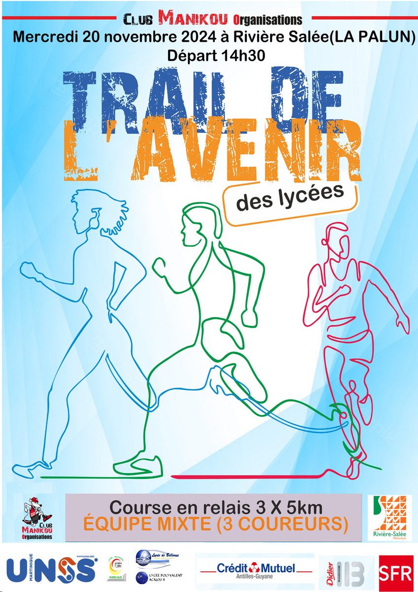 Demain <a href="/unss/">UNSS_National</a> <a href="/acmartinique/">Académie de Martinique</a> organise avec <a href="/Transmartinique/">Le Club Manikou</a> le traditionnel #trail des lycées. 👏🏾 👍🏾Participation à l'organisation des jeunes officiels <a href="/MAIF/">MAIF</a> <a href="/2Lycee/">Lycée Acajou 2</a> lycees Joseph Zobel et Bellevue.