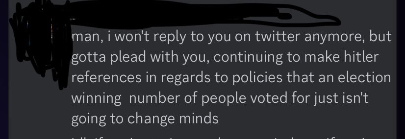 Obviously, mass deportation of 20 million people justified with “they’re poisoning our country” is 1-to-1 Hitlerian messaging.

So when people come to me to say “knock the nazi talk off” I find that very revealing about them! Call it what it is and pay attention to who squirms.