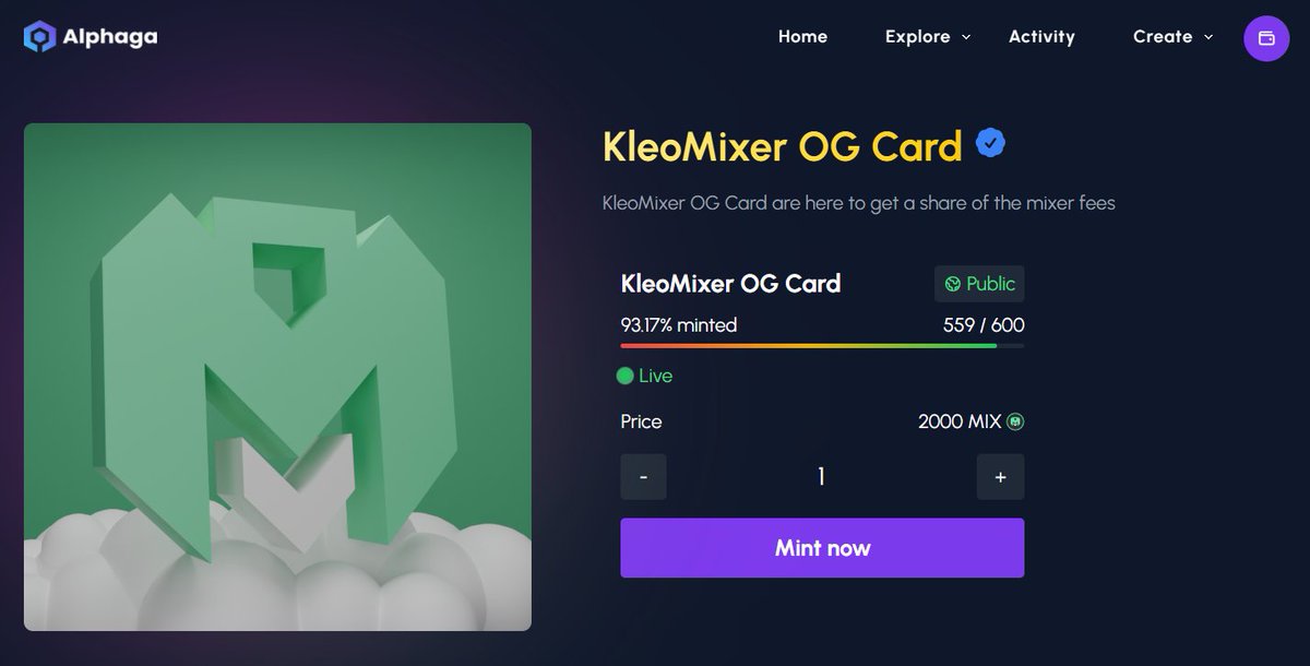 The #KleoMixer OG Card collection is soon sold out!👀

Each NFT gives you benefits every month to receive an airdrop of $ALPH depending on the rarity

The collection is available on <a href="/AlphagaMarket/">Alphaga</a> :
alphaga.app/collections/f7…
#Alephium $MIX #ALPH