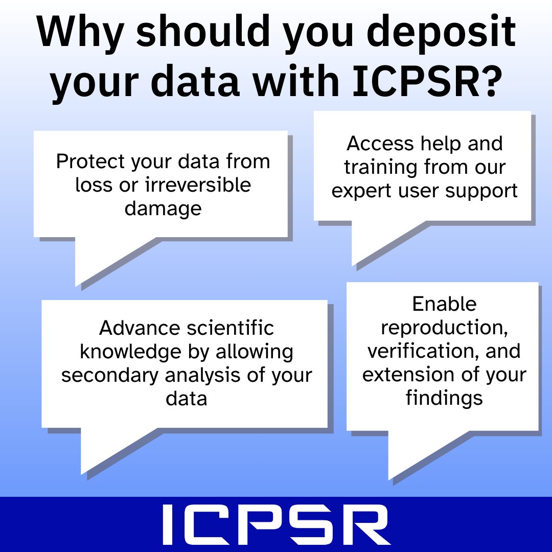 ICPSR's tweet image. Are you looking for a place to deposit your data? ICPSR may be for you! There are a multitude of reasons to deposit your data with us, visit our website to learn more! myumi.ch/PkqeP 

#data #secondarydata #researcher #dataanalysis #database