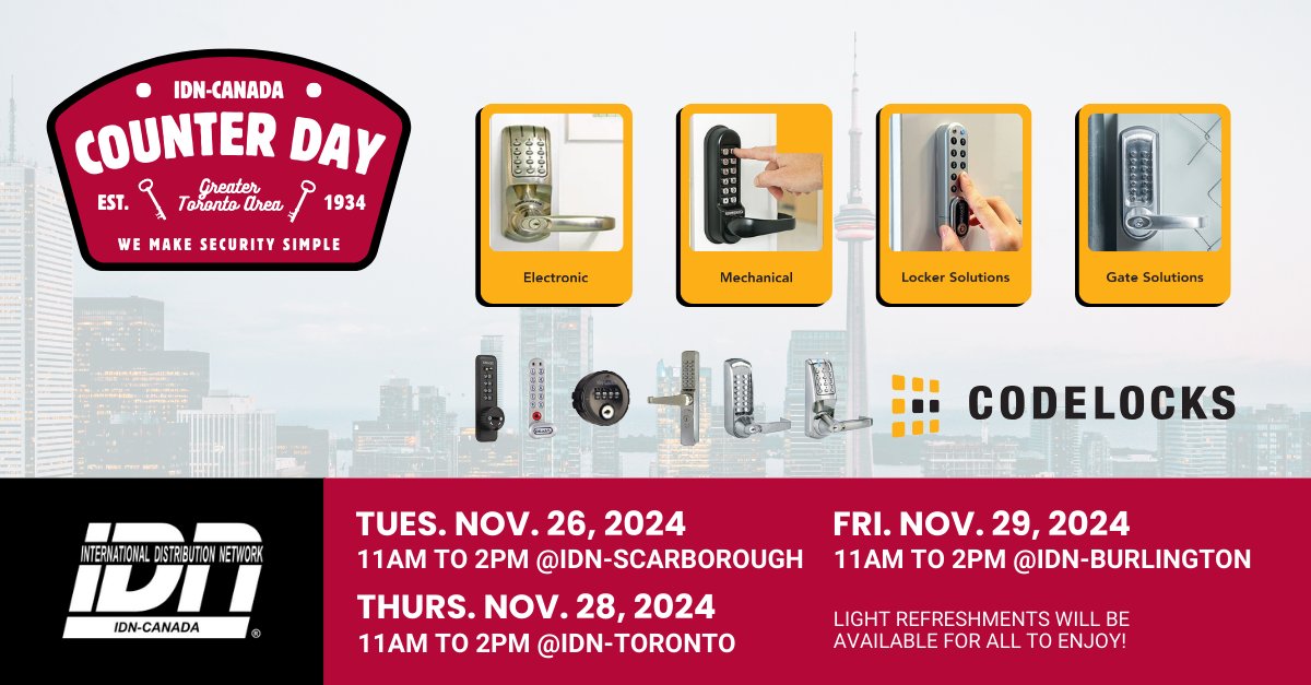 IDNCanada's tweet image. Join IDN-Canada for @Codelocks Counter Days in the #GTA. Explore #CodeLocks' electronic, mechanical, locker &amp;amp; gate solutions tailored to meet your #security needs! #Toronto #Scarborough #Burlington #SecuritySolutions #AccessControl #SecurityProfessionals #Locksmiths #Integrators
