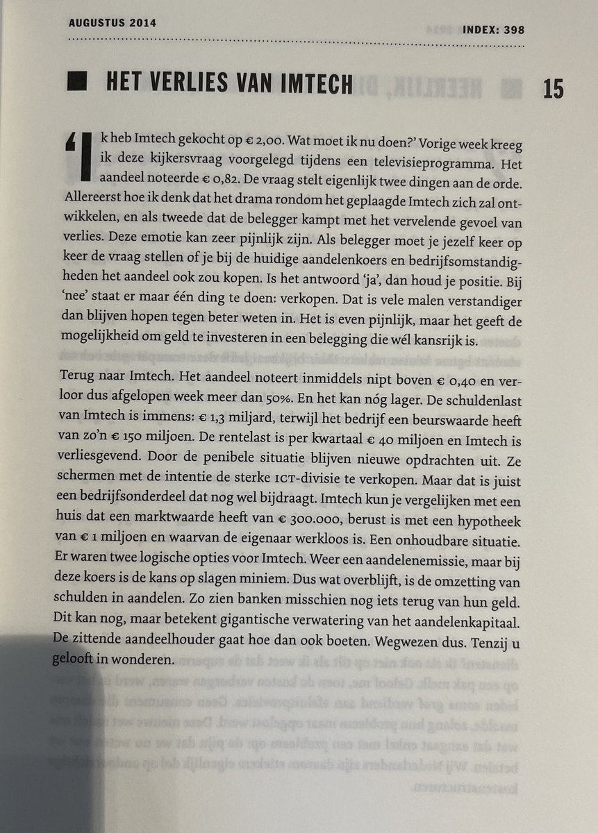 Uit de oude doos: een column die ik 10 jaar geleden schreef in De Telegraaf <a href="/dft/">DFT</a>. Vervang Imtech door Ebusco en ik had exact dezelfde column in zomer 2024 kunnen herplaatsen. 
Een portefeuille van solide large caps met positieve cashflow is zo gek nog niet