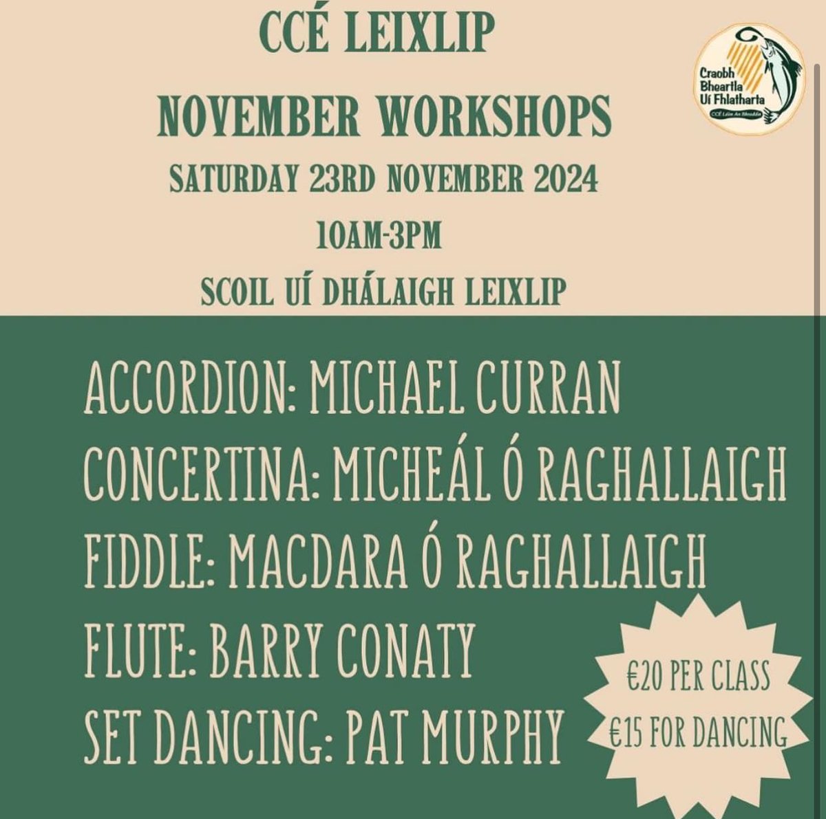 KildareCCÉ-Official (@cce_kildare) on Twitter photo Workshops from some of the best musicians and the most imminent set-dance master in the country this Saturday November 23rd in Scoil Uí Dhálaigh #Leixlip under the auspices of <a href="/CCELeixlip/">Leixlip Comhaltas</a>. Details below. Few spaces remaining!! Register forms.gle/Ko73vib95i5tDh… Workshops from some of the best musicians and the most imminent set-dance master in the country this Saturday November 23rd in Scoil Uí Dhálaigh #Leixlip under the auspices of <a href="/CCELeixlip/">Leixlip Comhaltas</a>. Details below. Few spaces remaining!! Register forms.gle/Ko73vib95i5tDh…