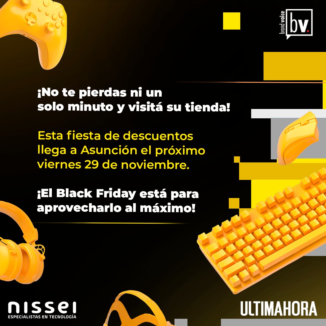 UltimaHoracom's tweet photo. #BrandVoiceÚH | @nisseiparaguay espera a todos para disfrutar del Black Friday con precios únicos en su local de Asunción. 🛒

Activa el #ModoTEN y vení a Nissei este 29 de noviembre. 🛍 https://t.co/pCw56WD6EO
