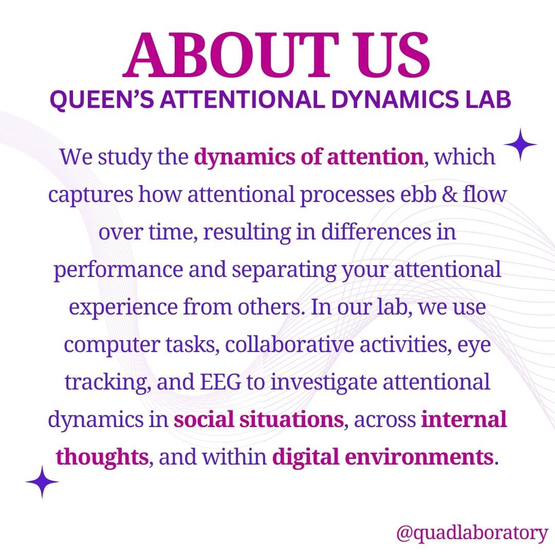 Introducing the QuAD lab! The @queensuniversity Attentional Dynamics Lab at <a href="/QueensPsyc/">Queen's Psychology</a> investigates how, when, and why attention shifts over time. We’re so excited to introduce you to the team and talk about some of the cool work that we’ll be launching soon!