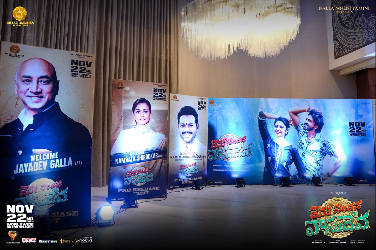 YouWe Media (@mediayouwe) on Twitter photo With the venue and stage ready, the #DevakiNandanaVasudeva Grand Pre-Release Event is set to dazzle! π
Watch Live Here π
youtu.be/gbz562NepXY
In cinemas from November 22nd π½ β¨οΈ
#DNVonNov22 π€©
<a href="/AshokGalla_/">Ashok Galla</a> <a href="/varanasi_manasa/">Manasa Varanasi</a> <a href="/ArjunJandyala/">Arjun Jandyala</a> <a href="/PrasanthVarma/">Prasanth Varma</a> <a href="/DevdattaGNage/">Devdatta G Nage</a> With the venue and stage ready, the #DevakiNandanaVasudeva Grand Pre-Release Event is set to dazzle! π
Watch Live Here π
youtu.be/gbz562NepXY
In cinemas from November 22nd π½ β¨οΈ
#DNVonNov22 π€©
<a href="/AshokGalla_/">Ashok Galla</a> <a href="/varanasi_manasa/">Manasa Varanasi</a> <a href="/ArjunJandyala/">Arjun Jandyala</a> <a href="/PrasanthVarma/">Prasanth Varma</a> <a href="/DevdattaGNage/">Devdatta G Nage</a>