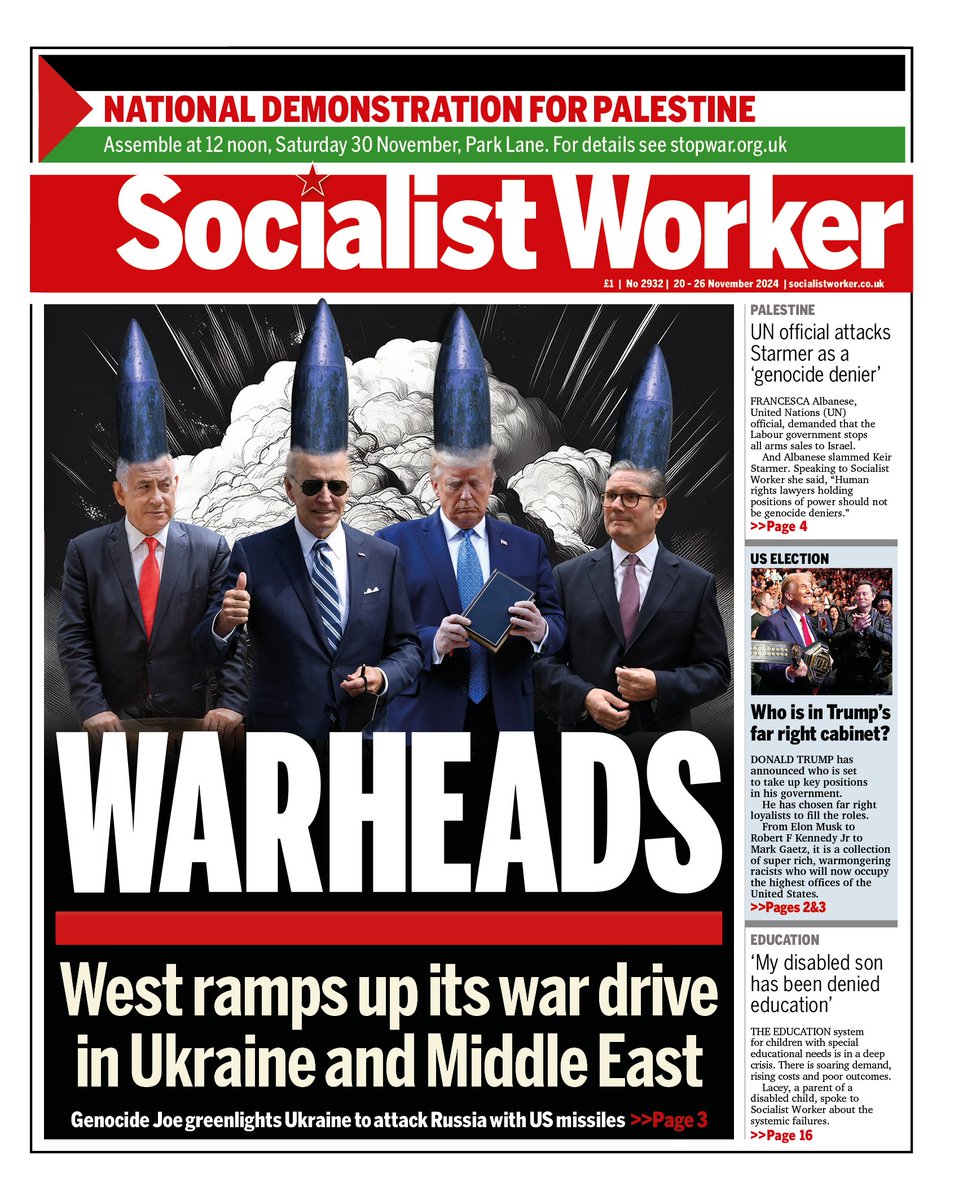 socialistworker's tweet photo. The new Socialist Worker is out now. Our front page reads: 

🚀WARHEADS

🔺West ramps up its war drive in Ukraine and Middle East 

#StopTheGenocide
#StopTheWar 

📚Read more at https://t.co/IbxyejTr73 https://t.co/o6eYmJPJVA