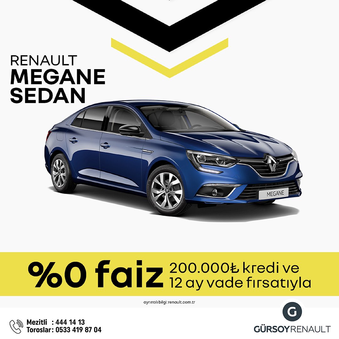 Böyle avantajlı fiyatlarla herkes bir Renault Megane Sedan sahibi olmak ister! %0 faiz, 200.000  TL kredi ve 12 ay vade fırsatıyla aracınızı hemen almak için showroom’umuza davetlisiniz.