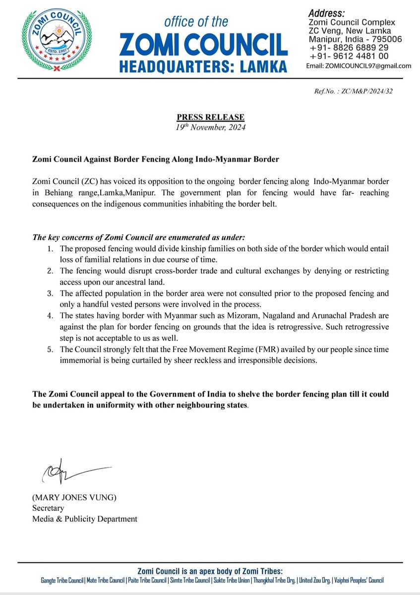 zsfD_official's tweet photo. The Zomi Council has opposed the border fencing project along the Indo-Myanmar border in Lamka, Manipur, citing its potential impact on the indigenous Zo community. 
#Justice4ZoEthnic 
#Zomi_Kuki_Hmar https://t.co/J5jzSZ9QWU