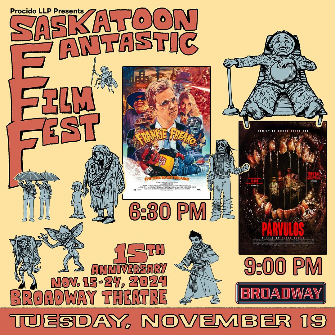 Tonight at the <a href="/skfilmfest/">Saskatoon Fantastic FF</a>, let’s get crazy:
6:30: Frankie Freako
9: Parvulos
More info at skfilmfest.com/festival/sched…
See you at <a href="/bwaytheatre/">Broadway Theatre</a>!