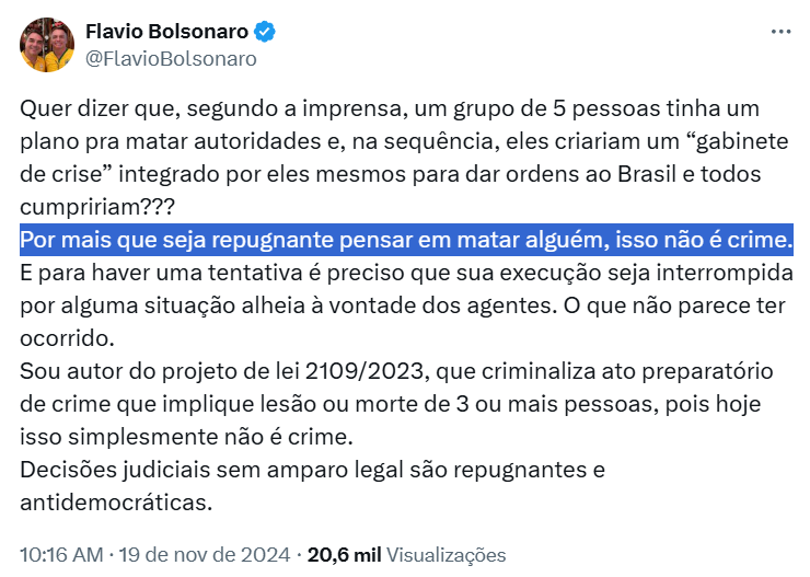 delucca's tweet image. Senador @flaviobolsonaro, as informações não são da imprensa, são de inquérito policial com dados tirados do celular do principal assessor do seu pai.

E não havia um "pensamento" do assassinato de Lula, Alckmin e Moraes, mas um planejamento detalhado destes crimes.