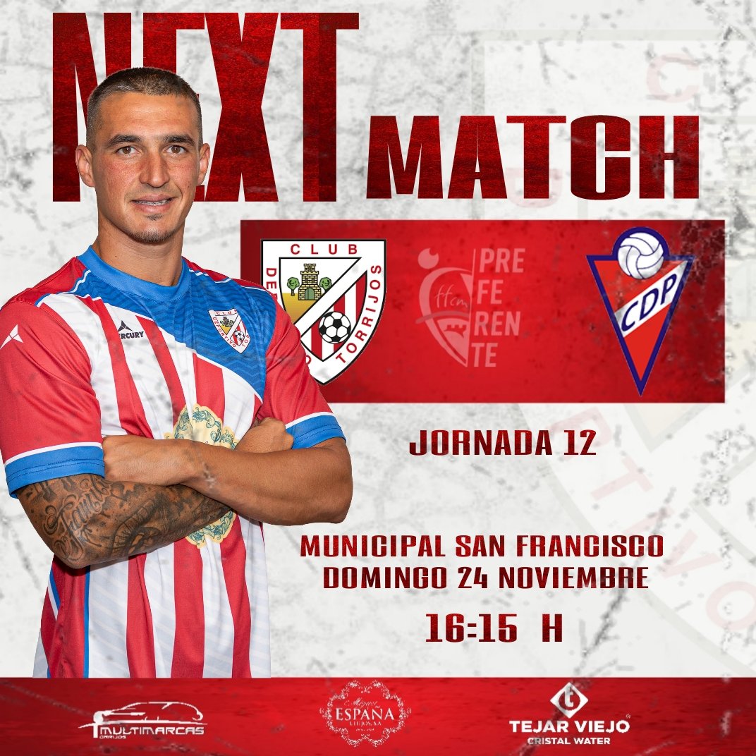 Buenosdias familiaaaa.....este domingo nos jugamos mucho ...hay que volver a la senda de la victoria!!!!!

⚽P.  Preferente⚽
📌Jorn. 12
🗓️ Domingo 24 Noviembre 
🏟️ Municipal San Francisco 
🕖 16 : 15 H
🆚 <a href="/cd_pantoja/">CD Pantoja</a>
.
.
.
 #TuPonesLaPasion
 #vamostorrijos🔴⚪🔴