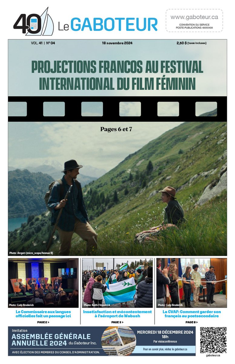Le Gaboteur du 18 novembre 2024 est au port!
En manchette:
PAGE 2 - Le Commissaire aux langues officielles fait un passage ici
PAGE 3 - Insatisfaction et mécontentement à l’aéroport de Wabush
PAGE 5 -La CVAF:comment garder son français au postsecondaire
gaboteur.ca/editions/editi…