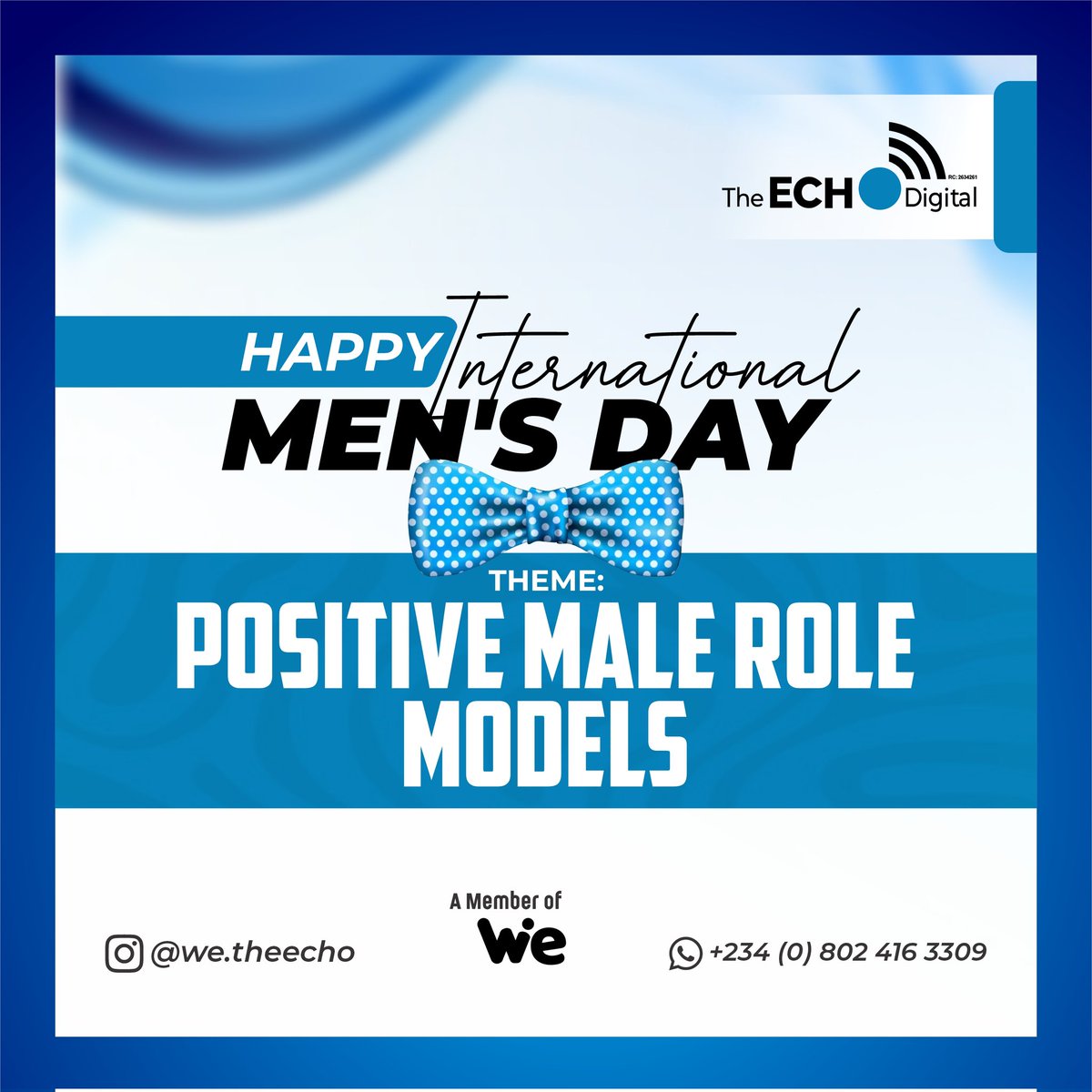 wetheecho's tweet image. Happy International Men's Day 🎊🧩
The 2024 theme, "Positive Male Role Models," highlights the importance of fostering open conversations about men's mental health and creating supportive environments where men can thrive
#happyinternationalmensday
#Wetheecho
#Academy
#Training