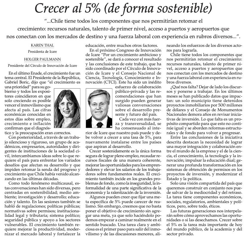 Hoy Chile no crece y está estancado. Es urgente romper el estancamiento y reactivar el país. Crecer al menos un 5% es un imperativo para todos y es hora de hacer los cambios para que ese progreso sea pobile. Buena columna y trabajo de ICARE hacia ese objetivo