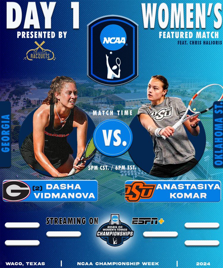 CrackedRacquets's tweet photo. NCAA DI Tennis Championships starts today!

Join us all day long starting at 9am CT / 10am ET live from Baylor University on ESPN+: 

CrossCourt Cast ft. @AlGruskin: https://t.co/r8bVJkPXWa

Featured Matches ft. @College10sRanks: https://t.co/POPQojqaKr

9am CT / 10am ET - 
#1 @TexasMTN’ Sebastian Gorzny vs. @umichtennis’ Gavin Young

5pm CT / 6pm ET - 
#2 @UGAWomensTennis’ Dasha Vidmanova vs. @CowgirlTennis’ Anastasiya Komar 

Tournament landing page: https://t.co/5pId6qgXfy

#NCAATennis | @NCAATennis