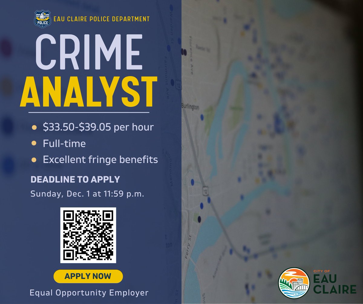 You can help make a difference! 

We are accepting applications for a Crime Analyst position. This position analyzes, determines, prepares, and disseminates information related to actual and anticipated crime and disorder in the community.

APPLY Now: governmentjobs.com/careers/eaucla…