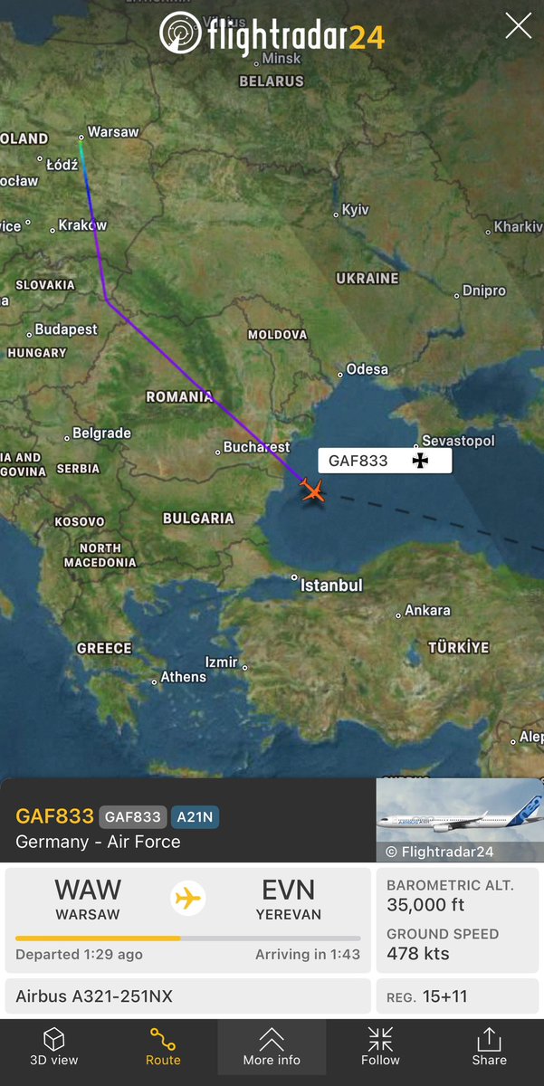 ClarkKe49569692's tweet photo. German Air Force A321-251NX callsign #GAF833 is outbound from Poland to Armenia.
The #German Foreign Minister, Annalena Baerbock gave a joint statement with her French, Italian, and Polish counterparts in Poland, and is scheduled to arrive in Armenia today.
#3F59F3
15+11 https://t.co/UFvHjDU4Sh