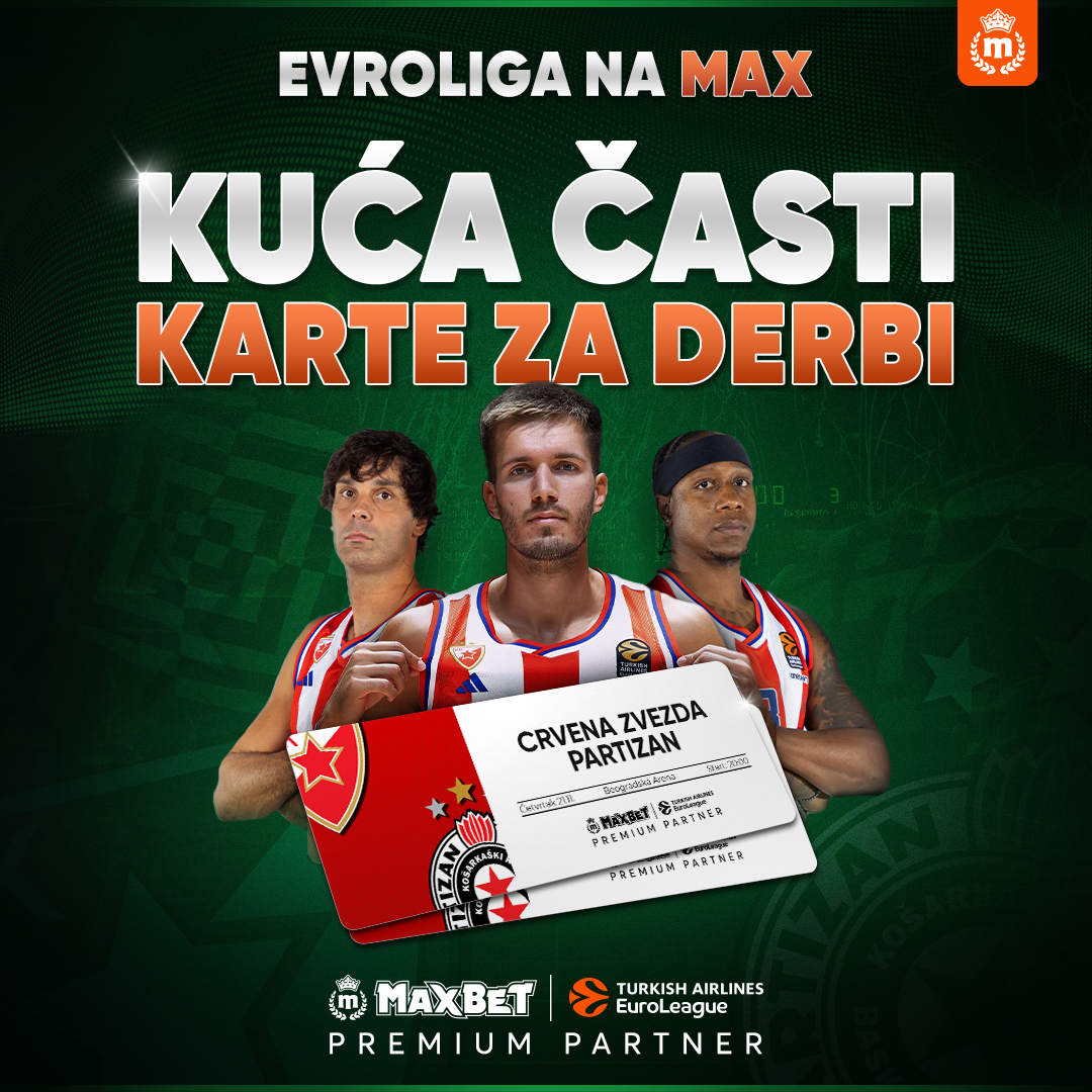 Kuća časti - gledaj uživo evroligaški derbi! 🎁

MaxBet kao premium partner Evrolige te vodi u Beogradsku Arenu da bodriš svoj voljeni klub! 🇷🇸🏀

Sve što je potrebno da bi učestvovao u trci za 2 karte jeste da: 

• Pratiš <a href="/MaxBetSrbija/">MaxBet 🇷🇸</a>
• Retvituješ objavu

Možeš učestvovati