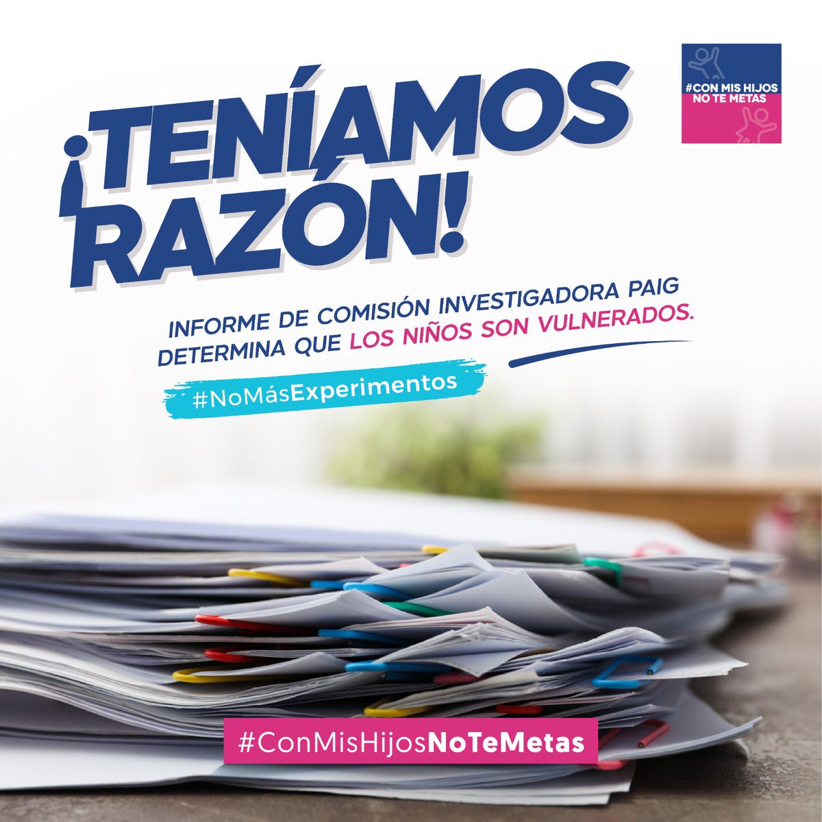 Hoy se votó el informe de la Comisión Investigadora PAIG, que dejó al descubierto las graves vulneraciones a nuestros niños y el derecho de los padres.

Agradecemos a los Diputados que votaron a favor y esperaremos ver qué sucede en la votación en sala.
#ConMisHijosNoTeMetas 🇨🇱