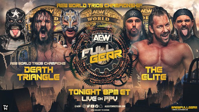 wrestle_hist's tweet image. 11/19/2022
Death Triangle defeated The Elite to retain the AEW World Trios Championship at Full Gear from the Prudential Center in Newark, New Jersey.
#AEW #FullGear #DeathTriangle #PAC #PentaElZeroMiedo #ReyFenix #TheElite #KennyOmega #TheYoungBucks #NickJackson #MattJackson