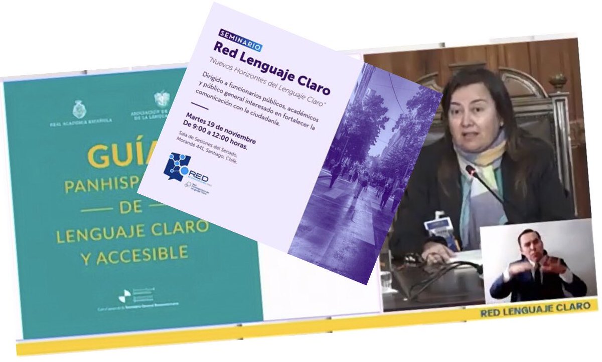 En la jornada inaugural del seminario “Nuevos horizontes del lenguaje claro” de la <a href="/RedLCChile/">RedLenguajeClaro🇨🇱</a> esta mañana en <a href="/Senado_Chile/">Senado Chile</a>, presentó <a href="/Claudip/">ClaudiaPobleteOlmedo</a> de la  <a href="/achilenalengua/">Academia Chilena de la Lengua</a> la Guía Panhispánica de Lenguaje Claro y Accesible producida por <a href="/ASALEinforma/">ASALE</a> y <a href="/RAEinforma/">RAE</a>  // <a href="/AMLengua/">Academia Mexicana de la Lengua</a>