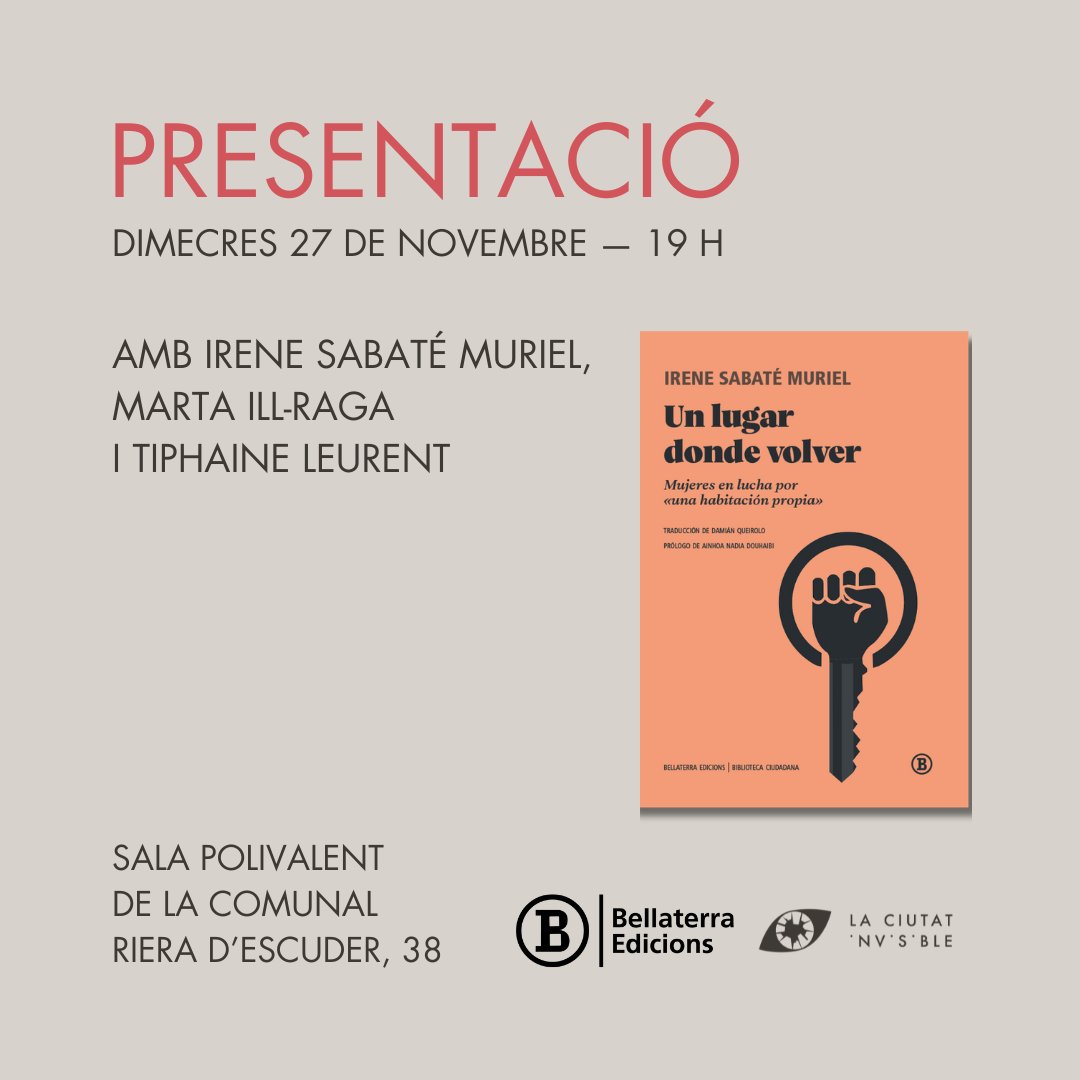 Irene (@etnoirene) on Twitter photo Estic molt feliç d'anunciar que dimecres 27 de novembre estarem presentant a <a href="/lacomunalsants/">La Comunal</a> el meu llibre "Un lugar donde volver. Mujeres en lucha por una habitación propia", publicat per <a href="/Bellaterra_ed/">Bellaterra Edicions</a> , que ofereix una aproximació feminista a la crisi de l'habitatge. Estic molt feliç d'anunciar que dimecres 27 de novembre estarem presentant a <a href="/lacomunalsants/">La Comunal</a> el meu llibre "Un lugar donde volver. Mujeres en lucha por una habitación propia", publicat per <a href="/Bellaterra_ed/">Bellaterra Edicions</a> , que ofereix una aproximació feminista a la crisi de l'habitatge.