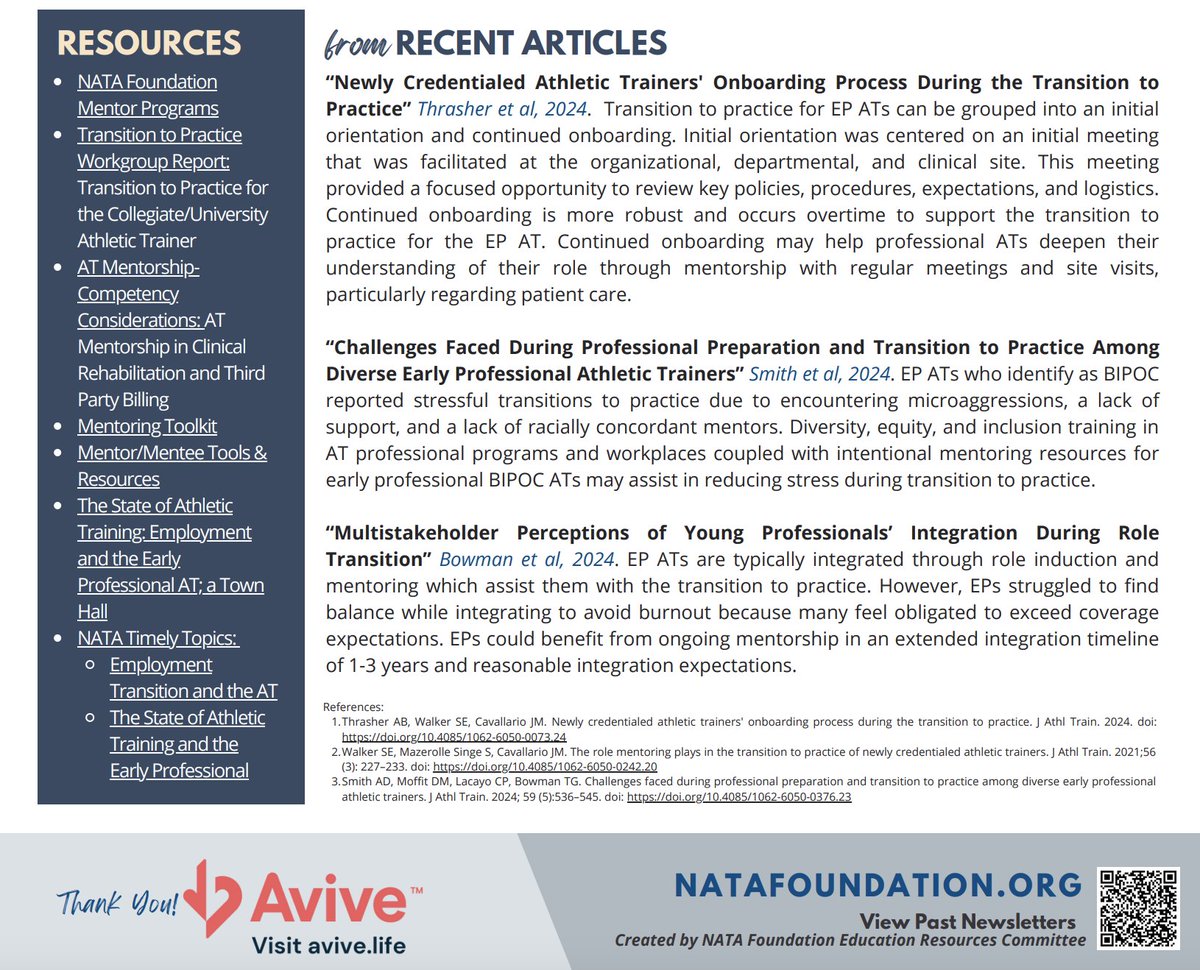 🌟 November Issue Alert: Mentorship Matters! 🌟
Mentorship plays a key role in the growth of Athletic Trainers (ATs) at every stage. This month, we explore how formal &amp; informal mentoring supports Early Professional (EP) ATs &amp; promotes lifelong learning.

natafoundation.org/education/educ…