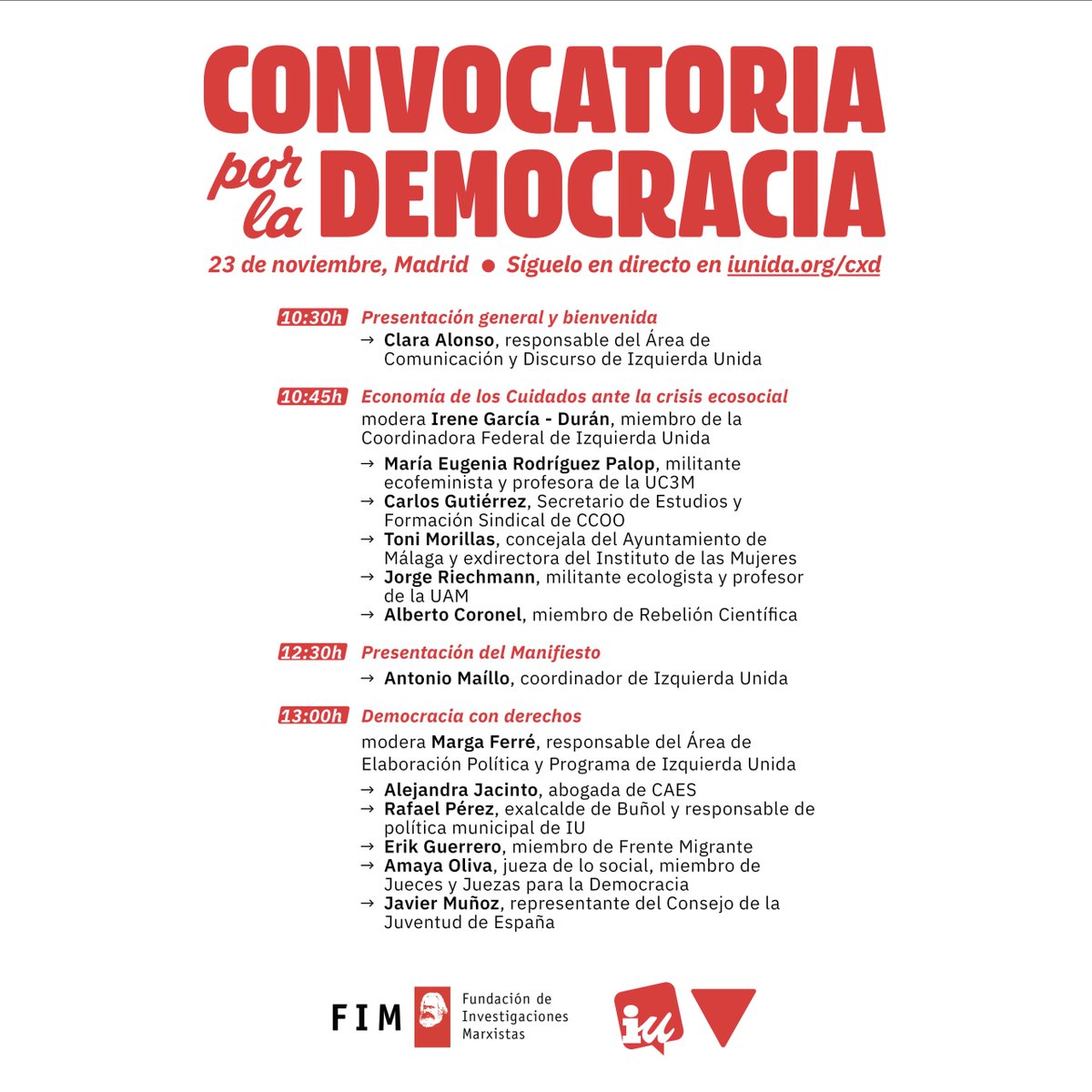 IzquierdaUnida's tweet photo. Vivimos tiempos de desafío para la democracia, marcados por el deterioro de las instituciones y el avance de la mercantilización en nuestras vidas.

El 23 de noviembre lanzamos Convocatoria por la Democracia, que nace como una interpelación social y un llamamiento a la acción. https://t.co/6GEjtmArng