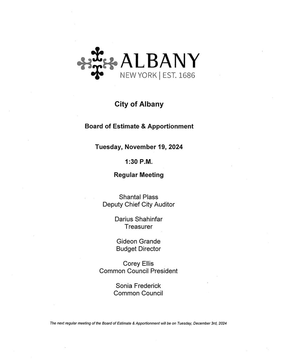 The tentative agenda for Tuesday, November 19th, 2024, Board of Estimate and Apportionment meeting is available on the city website: albanyny.gov/AgendaCenter/B…
