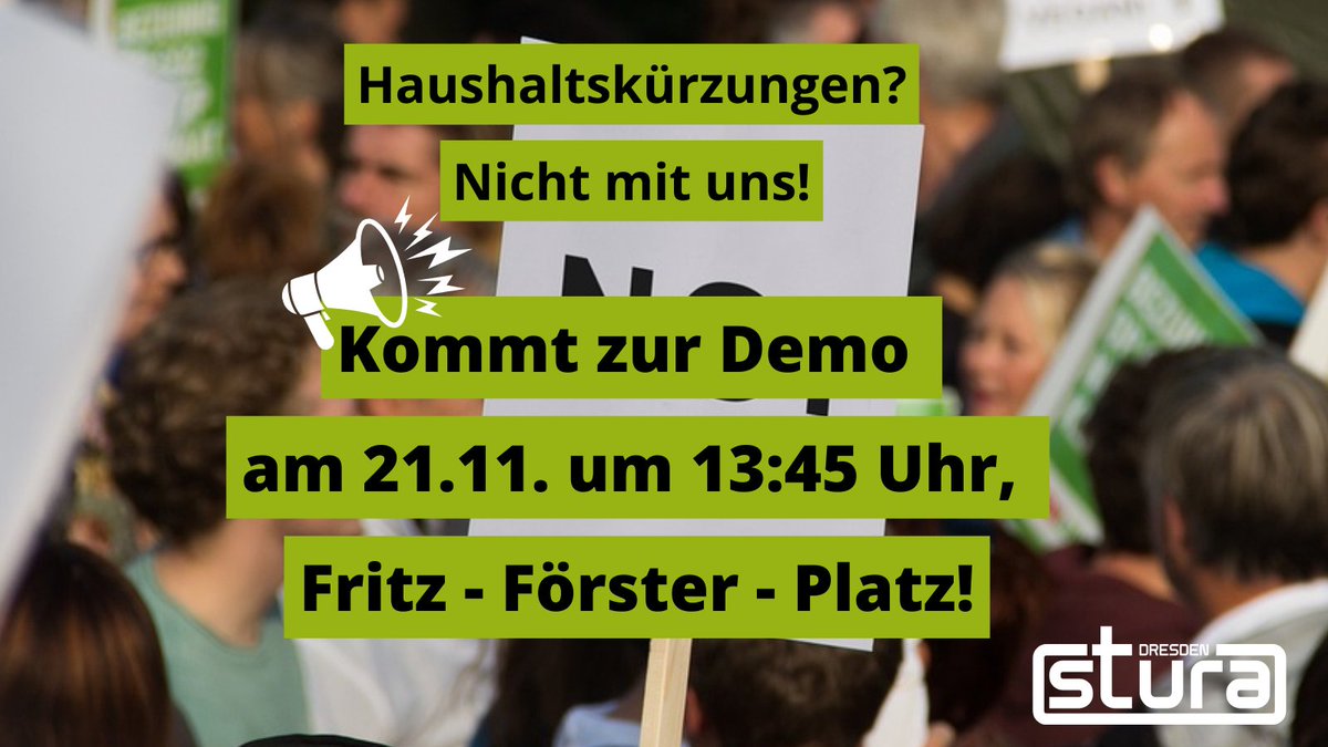 Am Donnerstag könnt ihr mit uns gegen Kürzungen im Stadthaushalt #Dresden auf die Straße gehen. 
Unser Zubringer startet ab 13.45 Uhr am Fritz-Förster-Platz. Ab 15.00 Uhr findet vor dem Rathaus die Hauptkundgebung statt! Kommt zahlreich! #TUDresden
