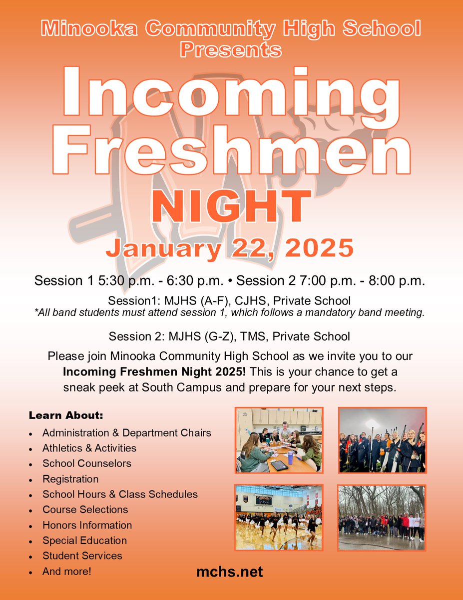 MCHSDistrict111's tweet photo. In one week, please join us at our Incoming Freshmen Night on January 22! This is your chance to get a sneak peek at South Campus and prepare for your next steps. 8th graders and their families will learn about registration, athletics, activities, course selections, and more! https://t.co/vsA1cb9fHZ