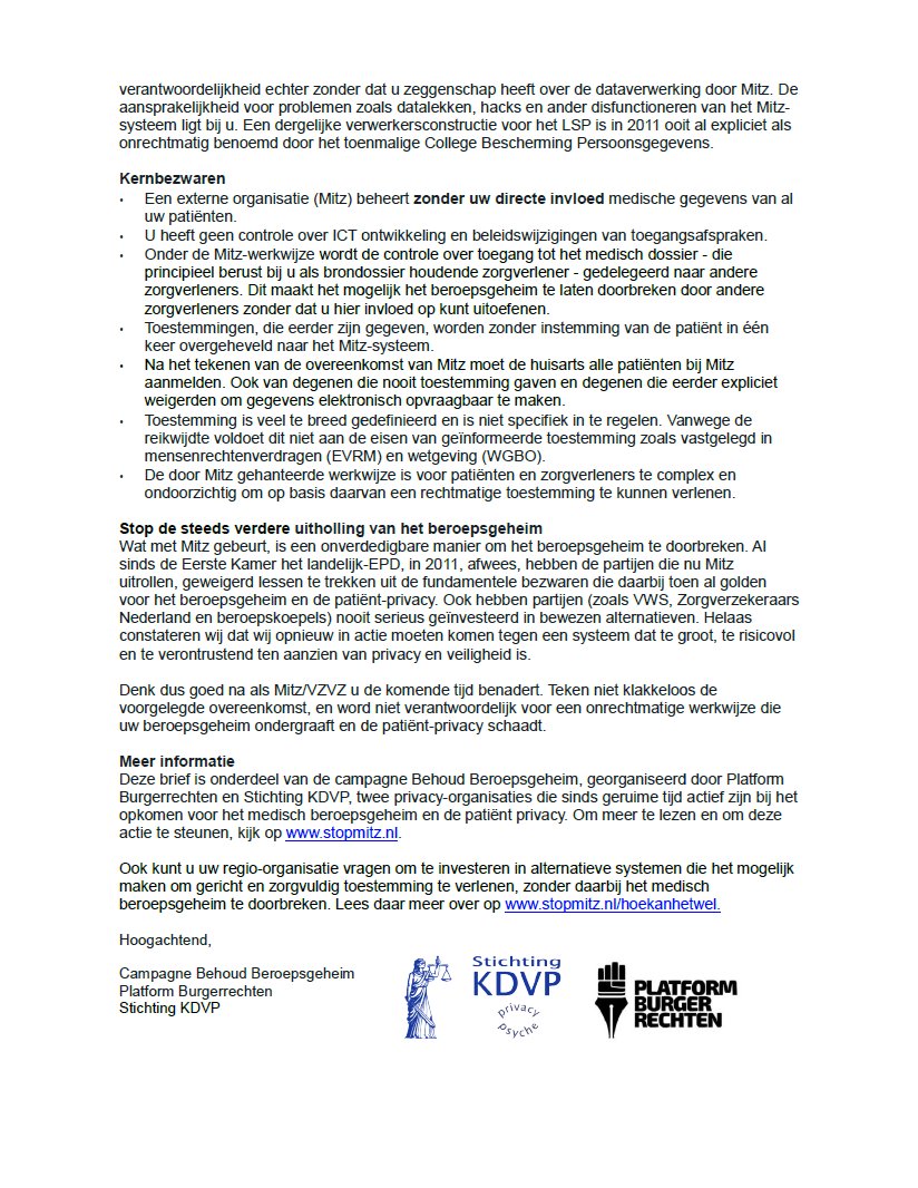 Deze week landt bij alle huisartsen in Nederland deze brandbrief van Platform Burgerrechten en Stichting KDVP op de mat. Daarin waarschuwen we voor de invoering van Mitz, een systeem waarin patiënten kunnen vastleggen wie toestemming krijgt om hun medische gegevens te raadplegen.