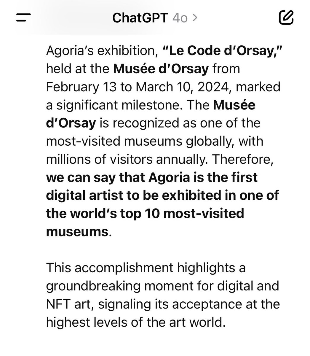 {agoria} (@agoriamusic) on Twitter photo Shall we believe ChatGPT? 🧬
Incredible to read this😳
So much love to <a href="/MuseeOrsay/">Musée d'Orsay</a> for being at the forefront of this avant-garde initiative❤️🔥
Huge thanks to my patron <a href="/arabbankCH/">Arab Bank Switzerland</a>
& ofc <a href="/tezos/">Tezos</a> <a href="/trilitech/">trilitech</a> <a href="/fx_hash_/">fxhash</a> <a href="/objktone/">objkt.one</a> <a href="/FeralFile/">Feral File</a> for developing the tools that made this Shall we believe ChatGPT? 🧬
Incredible to read this😳
So much love to <a href="/MuseeOrsay/">Musée d'Orsay</a> for being at the forefront of this avant-garde initiative❤️🔥
Huge thanks to my patron <a href="/arabbankCH/">Arab Bank Switzerland</a>
& ofc <a href="/tezos/">Tezos</a> <a href="/trilitech/">trilitech</a> <a href="/fx_hash_/">fxhash</a> <a href="/objktone/">objkt.one</a> <a href="/FeralFile/">Feral File</a> for developing the tools that made this