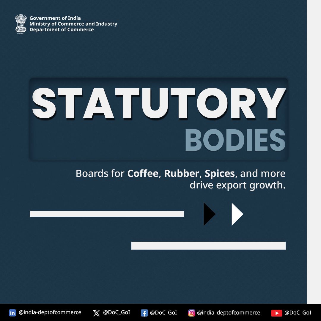DoC_GoI's tweet image. The Department of Commerce works with various offices, statutory bodies, and PSUs to manage trade and support exports. Here’s a look at these partnerships! #DoC_GoI #TradeSupport #IndiaCommerce