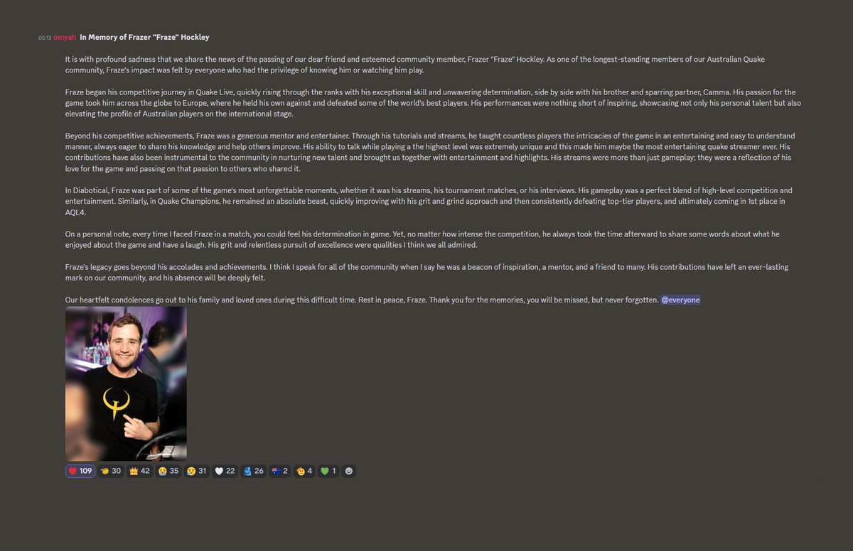 Absolutely heartbreaking to read, rip Fraze❤️

Since the news, the kuachicon discord has been flooded with people remembering Fraze and sharing memories and every single comment I read makes me tear up a bit

You will be missed
