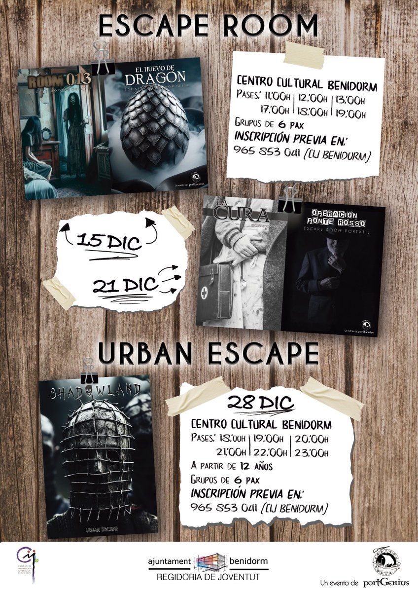 [CAS]                                                                                                                                                                                      La Concejalía de Juventud ha preparado cinco Escape Rooms para estas 🎄fiestas navideñas.