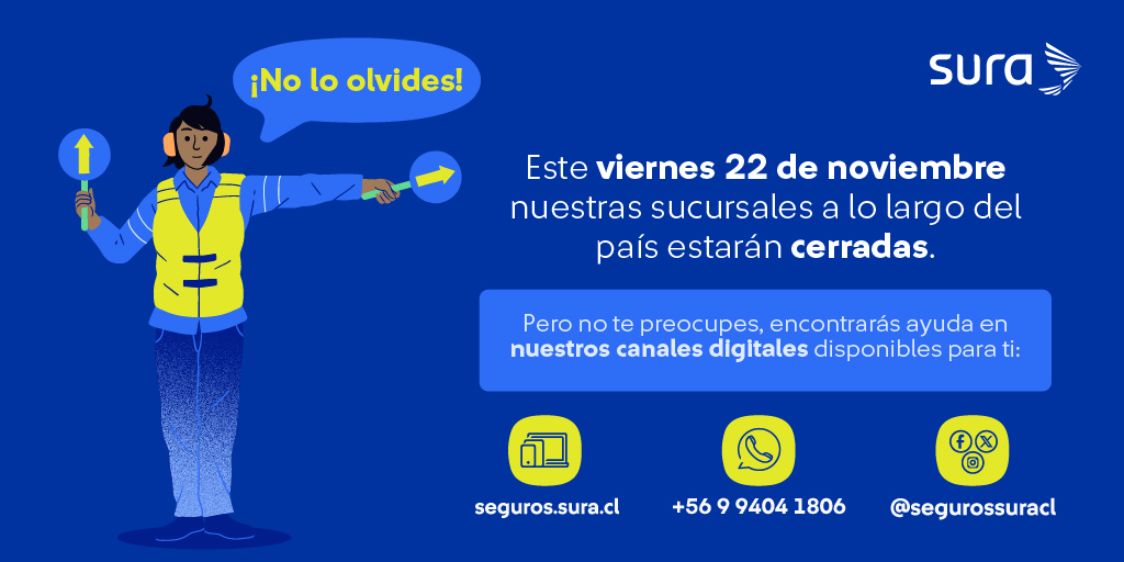 ¡Previene!  

Este viernes 22 de noviembre, todas nuestras sucursales estarán cerradas. 😁