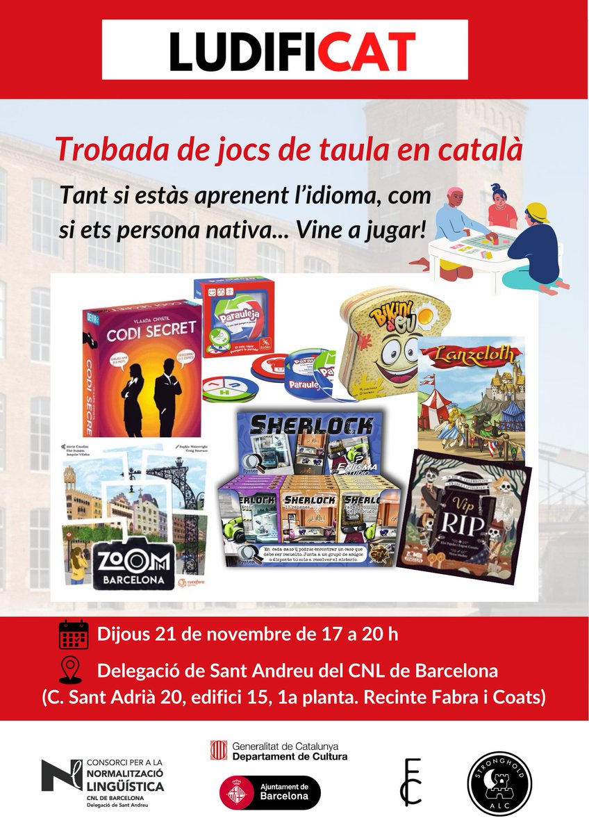 Que fas aquest dijous tarda? nosaltres ho tenim clar: #jugarencatalà! Ens trobem un cop més a la seu del <a href="/CNLBarcelona/">CNL de Barcelona</a> Sant Andreu per jugar a #jcosdetaula en català
📆 Dious 21 de 17 a 20h
📍CNL Sant Andreu (<a href="/FabraiCoats/">Fabra i Coats</a>)
💸 Activitat gratuïta i sense preinscripció