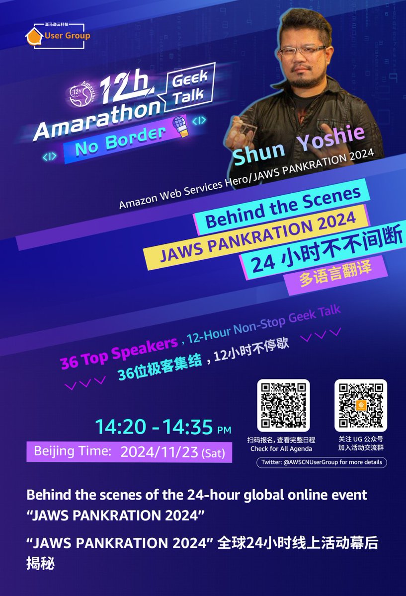 AWSCNUserGroup's tweet photo. 🎉 Excited to announce our 🇨🇳 China User Group (CN-UG) Amarathon Geek Talk amazing speakers!

Welcome Speaker @Typhon666_death 

What's More? 🎁Fun quiz and puzzle Challenge to win Amazon gift card during 12 Hours！

Book the event now:https://t.co/ZWqUICNf1Y https://t.co/tCRocFhXIy