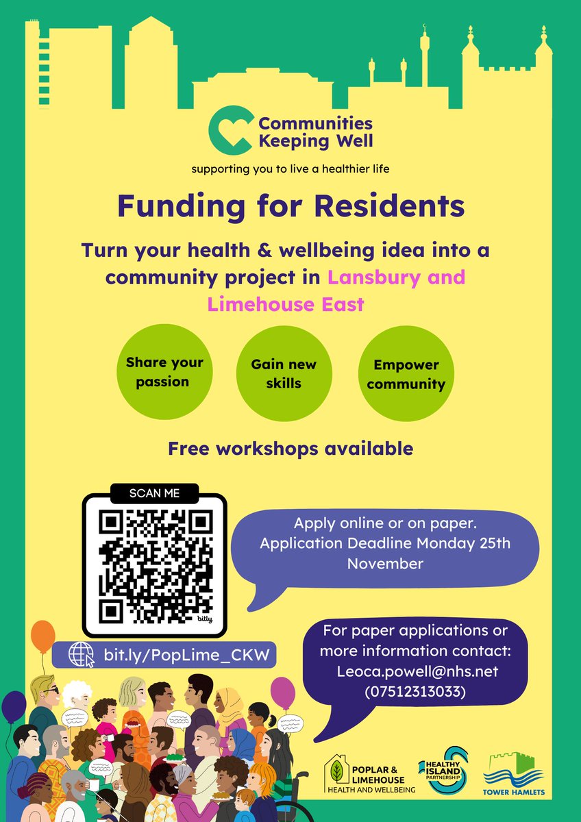 🚨 Communities Keeping Well in Tower Hamlets! 🚨

Got a great idea for a health &amp; wellbeing project? 💡 We're offering funding to bring it to life!

📅 Deadline: Mon 25th Nov
📩 Apply now: leoca.powell@nhs.net
Let’s make a difference together! 🌟
#TowerHamlets #HealthAndWellbeing