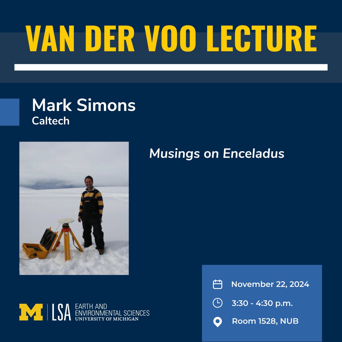 Michigan EARTH (@michiganearth) on Twitter photo โจJoin us for our annual Rob van der Voo Lecture! Mark Simons from the California Institute of Technology will give this year's lecture, "Musings on Enceladus."
๐๏ธย Friday, November 22
๐ 3:30-4:30 p.m.
๐ Room 1528, NUB
More info: myumi.ch/nyWRm โจJoin us for our annual Rob van der Voo Lecture! Mark Simons from the California Institute of Technology will give this year's lecture, "Musings on Enceladus."
๐๏ธย Friday, November 22
๐ 3:30-4:30 p.m.
๐ Room 1528, NUB
More info: myumi.ch/nyWRm