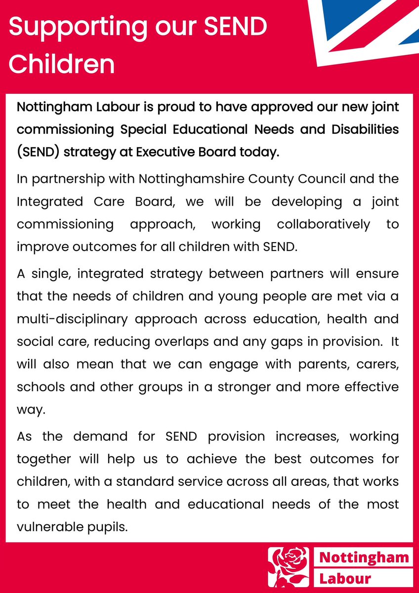 We’ve just approved our new joint commissioning Special Educational Needs and Disabilities strategy today, achieving better outcomes for young people in Nottingham 👇