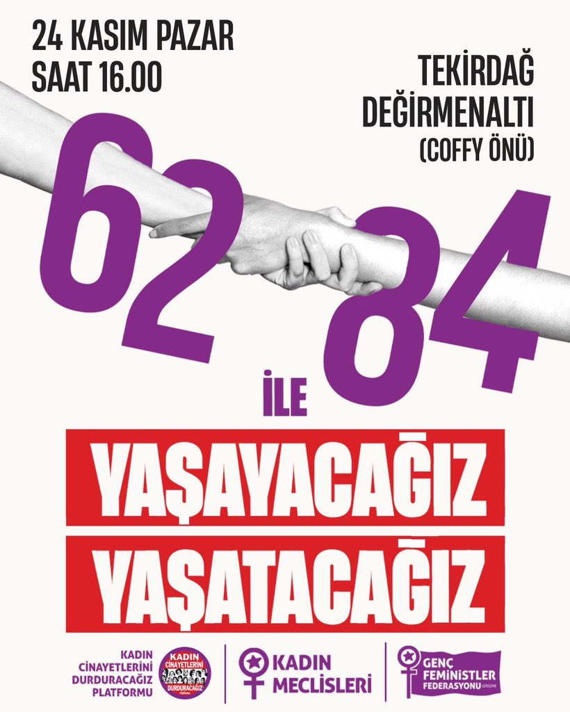 📍 TEKİRDAĞ | 24 Kasım Pazar  16.00'da Değirmenaltı Coffy Önü'ndeyiz!

6284 ile yaşayacağız yaşatacağız.