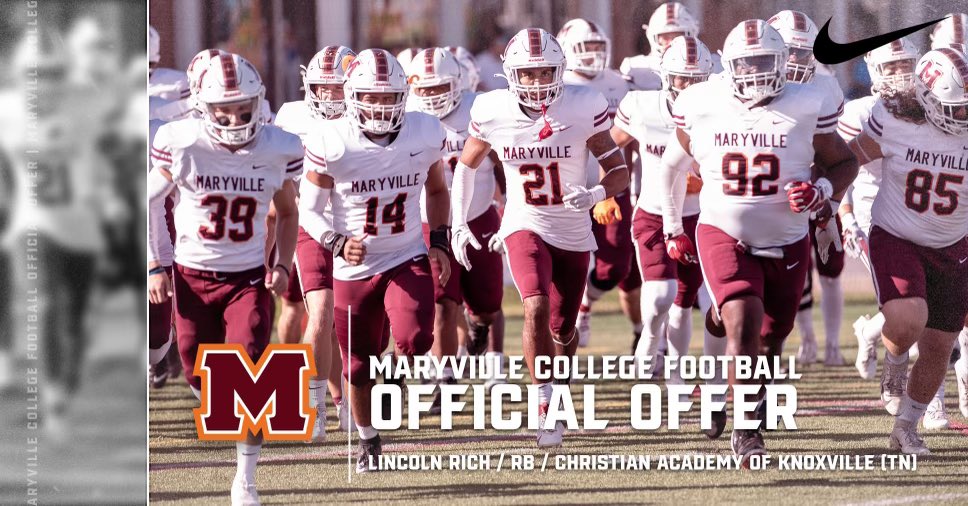 Lincoln Rich (@lincoln__rich) on Twitter photo I am blessed to receive my first offer from Maryville College!
<a href="/QBCoachFox/">Ben Fox</a> <a href="/MCScotsCoachMoe/">T. Travis Mozingo</a> <a href="/Chad_Speck/">Chad Speck</a> <a href="/CoachCoreyT/">Corey Thomas</a> <a href="/CAK_CoachK/">Bart Kareken</a> <a href="/CAKAthletics/">CAK Warriors Athletics</a> I am blessed to receive my first offer from Maryville College!
<a href="/QBCoachFox/">Ben Fox</a> <a href="/MCScotsCoachMoe/">T. Travis Mozingo</a> <a href="/Chad_Speck/">Chad Speck</a> <a href="/CoachCoreyT/">Corey Thomas</a> <a href="/CAK_CoachK/">Bart Kareken</a> <a href="/CAKAthletics/">CAK Warriors Athletics</a>