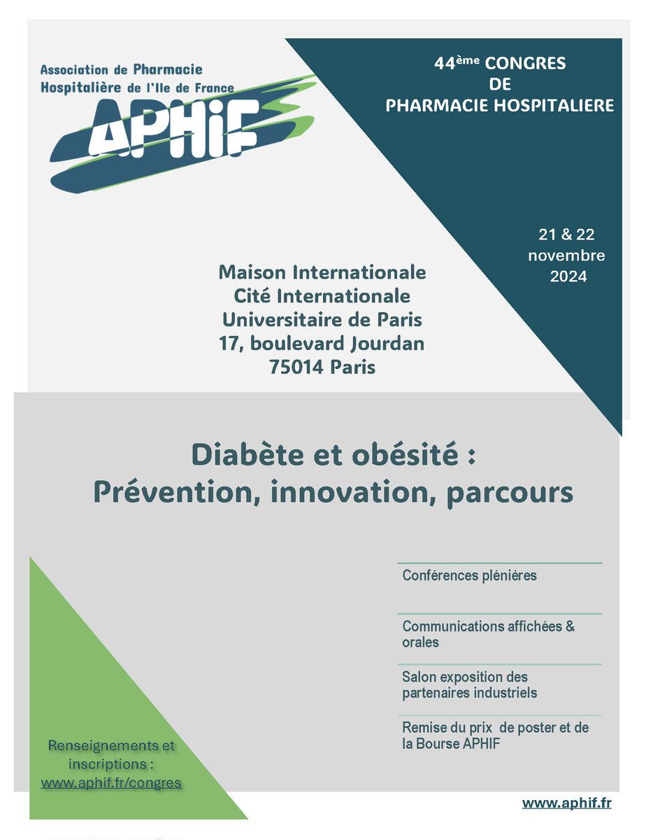 Le 44ème Congrès de l'Association de pharmacie hospitalière de l’ile de France aura lieu ce jeudi 21 novembre 2024.
Le thème du congrès : #diabetes  et #obésité : prévention, innovation et parcours.
Retrouvez à cette occasion <a href="/JPharmClin/">Journal de Pharmacie Clinique</a> qui sera mise à disposition.