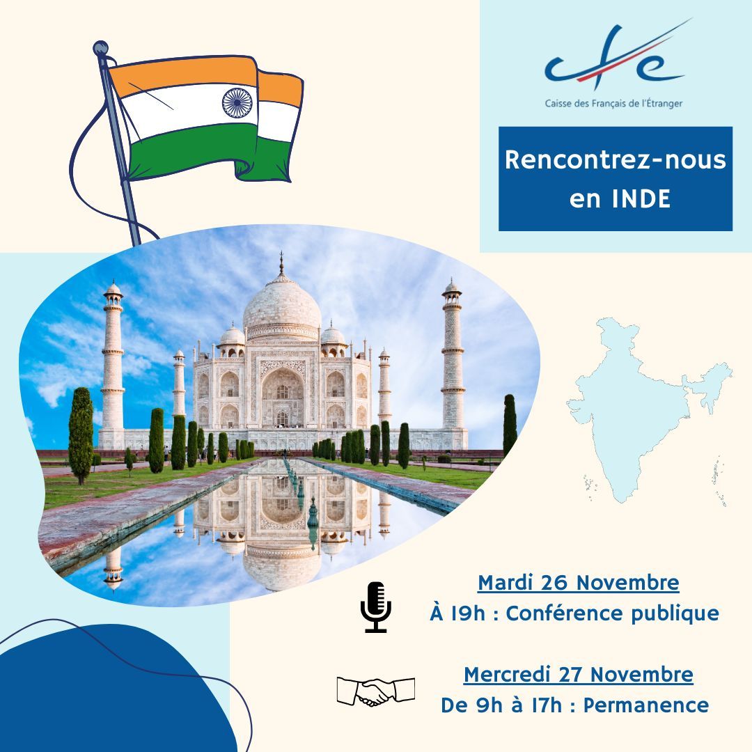 📢 RENCONTRE SUR LA PROTECTION SOCIALE : INDE ✈️ 

La CFE répond à vos questions expat en Inde !

Mardi 26 Novembre : conférence publique à 19h00
👉 S'inscrire ici (buff.ly/3AP5Nnq) 

Mercredi 27 Novembre : Permanence en présentiel de 9h à 16h30 au Lycée français de Delhi