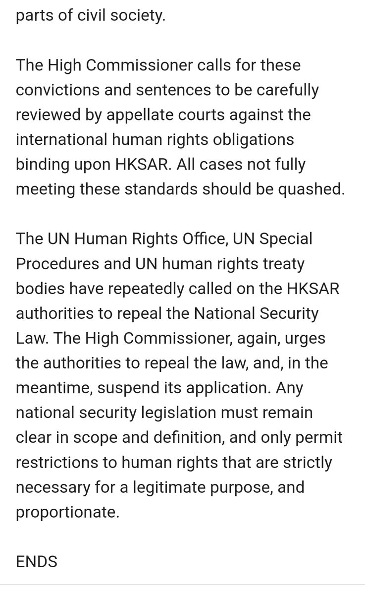 .<a href="/UNHumanRights/">UN Human Rights</a> has weighed in on the sentencing of 45 #HongKong activists urging #HK to have convictions "carefully reviewed by appellate courts against the international human rights obligations binding upon HKSAR." Reiterates call to repeal the National Security Law #NSL